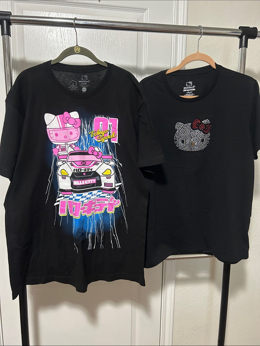 Hello Kitty Black Tee Set with Pink and Blue Racing Graphic